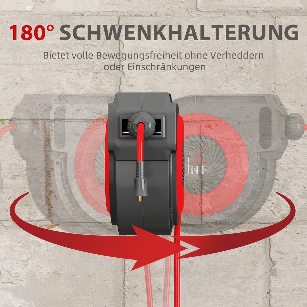 HOMCOM Tambur pentru furtun cu mecanism de retragere, furtun lung de 16,5 m, montare pe perete, Roșu+Negru | Aosom Romania