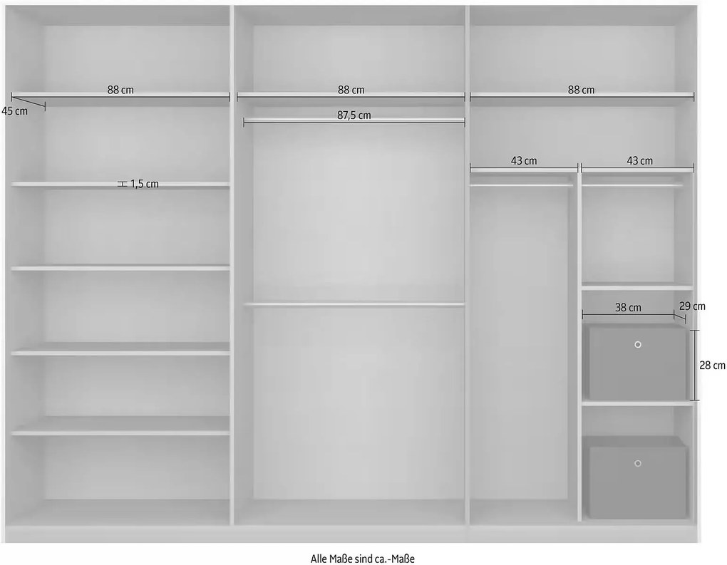 Dressing 271 cm lățime, 3 uși glisante, oglindă pe mijloc, culoare stejar, compartimentare premium, 210 cm înălțime