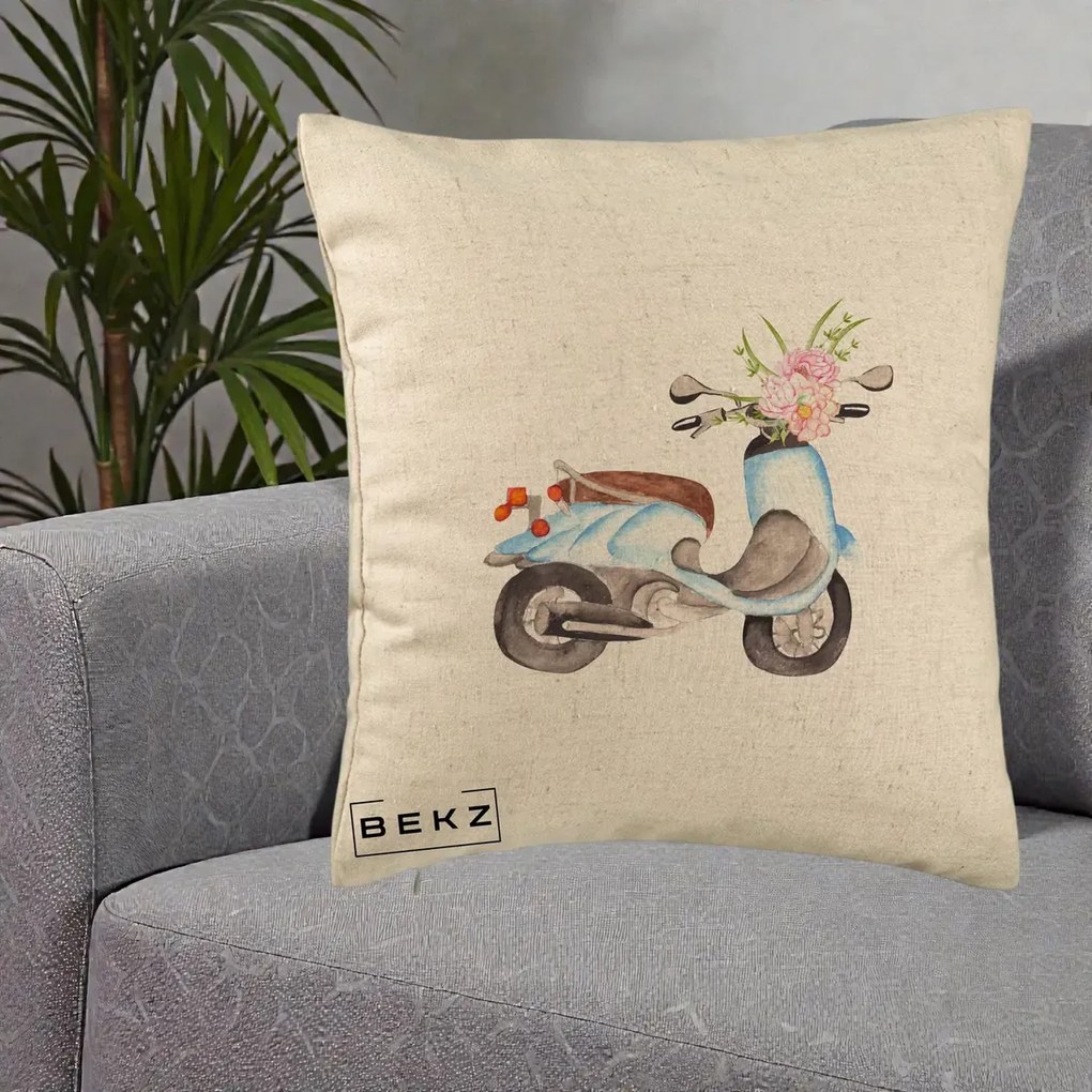 Perna Decorativa Scuter Albastru cu Flori Acuarela, 40x40 cm, Bej, Husa Detasabila, Perna Inclusa, BEKZ®