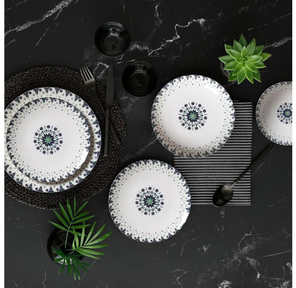 Set de masă din porțelan, 24 piese, alb/albastru