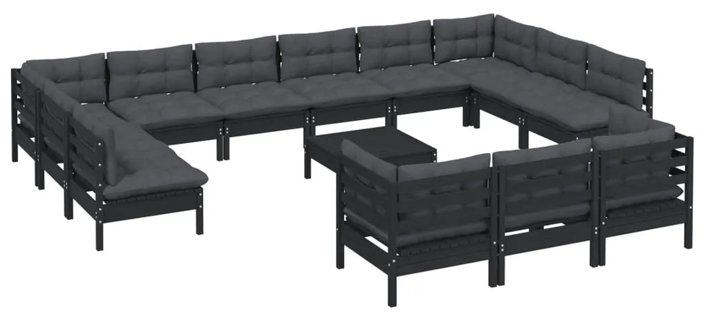 Set mobilier grădină cu perne, 14 piese, negru, lemn de pin