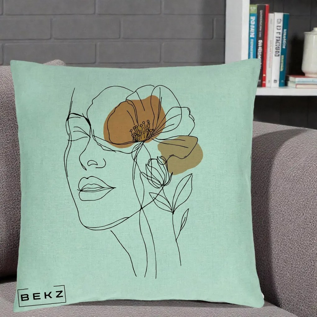 Perna Decorativa Portret Feminin Mac Profilat, 40x40 cm, Verde Menta, Husa Detasabila, Perna Inclusa, BEKZ®