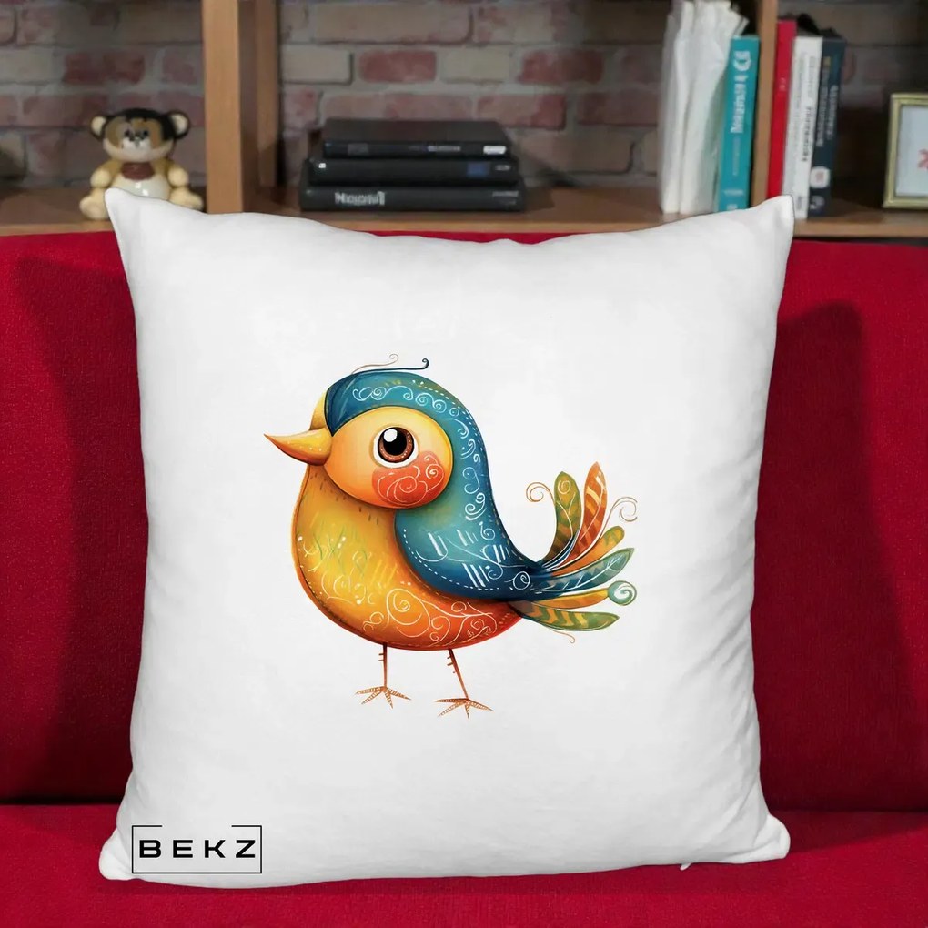Perna Decorativa Pasare Folk Art Portocalie-Teal, 40x40 cm, Alb Pufos, Husa Detasabila, Perna Inclusa, BEKZ®