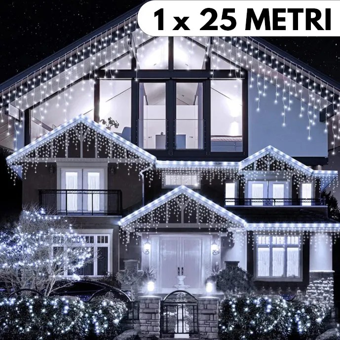 Instalație de Crăciun, franjuri cu flash, cu led tip țurțuri, fir gros, exterior, alb rece, 25 metri
