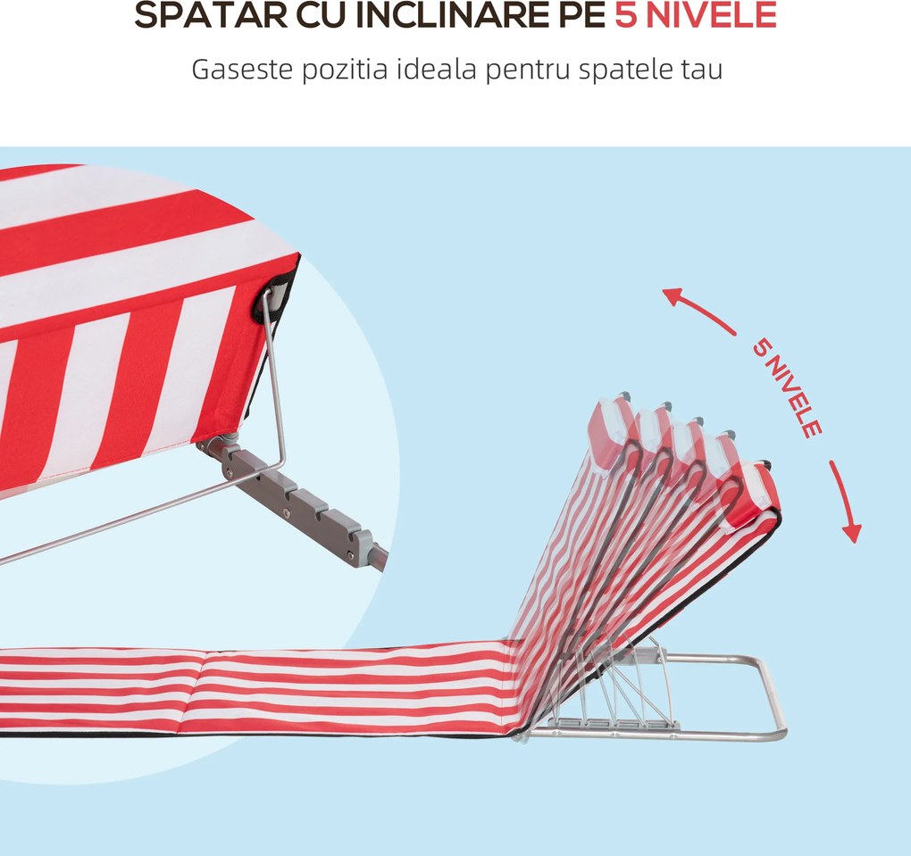 Outsunny Set 2 Șezlonguri de Plajă cu Spătar Reglabil în 5 Poziții, Tetieră și Geantă de Transport, 124x53x45 cm, Roșu | Aosom Romania