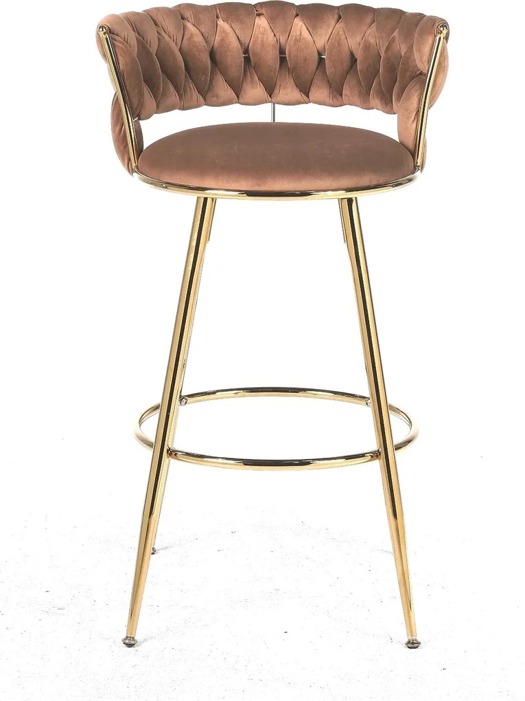 RESIGILAT- Scaun bar, cadru metalic și suport pentru picioare aurii, catifea, Maro