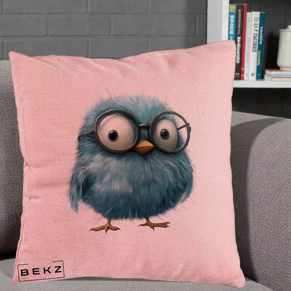Perna Decorativa Pui Pufos Teal cu Ochelari, 40x40 cm, Roz, Husa Detasabila, Perna Inclusa, BEKZ®