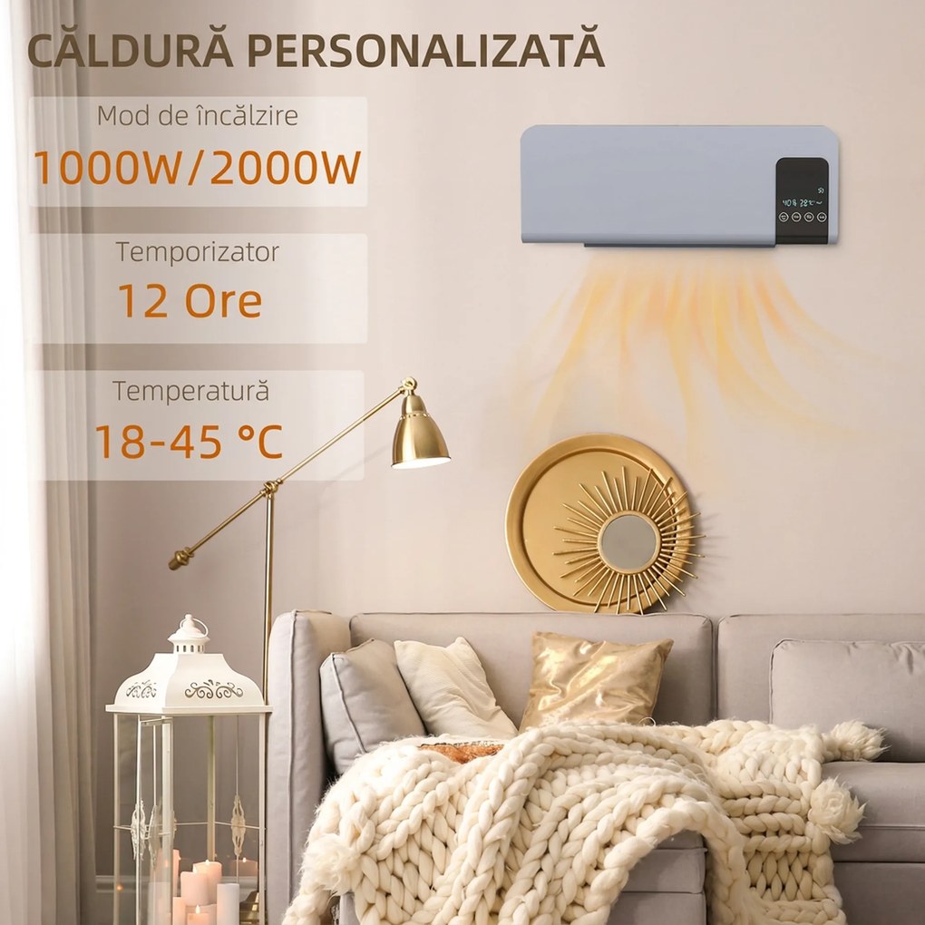 HOMCOM Ventilator Termic de Perete cu Temporizator 12h și 2 Moduri Gri | Aosom Romania