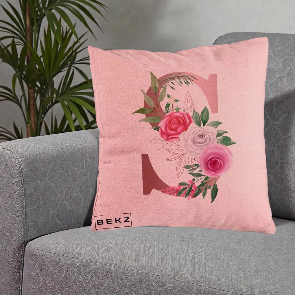 Cadou Personalizat - Perna Personalizata Monograma Rose Gold Litera S, 40x40 cm, Roz, Husa Detasabila, Perna Inclusa, BEKZ®