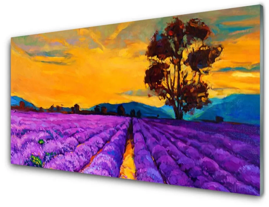 Tablou pe sticla Câmp Peisaj Violet Galben Maro