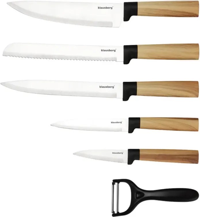 Set de cuțite de bucătărie Klausberg KB 9036, 7 piese, oțel inoxidabil, aspect de lemn, suport, maro
