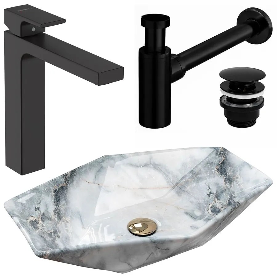 Pachet lavoar pe blat Rea Vegas granit 57 cm, baterie lavoar Hansgrohe Vernis Shape 190 negru si ventil lavoar Click-Clack negru