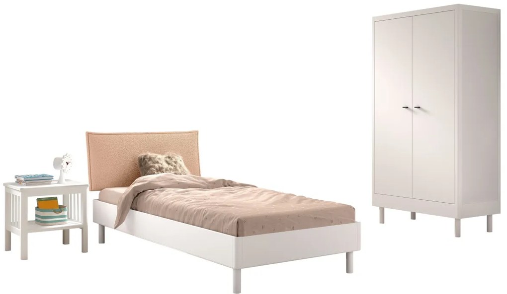 Set Mobilier Camera Copii Forrest Beech, Pat 90x200 cm, Dulap cu 2 Uși și Noptieră, din Lemn Masiv de Fag, Alb – Vipack