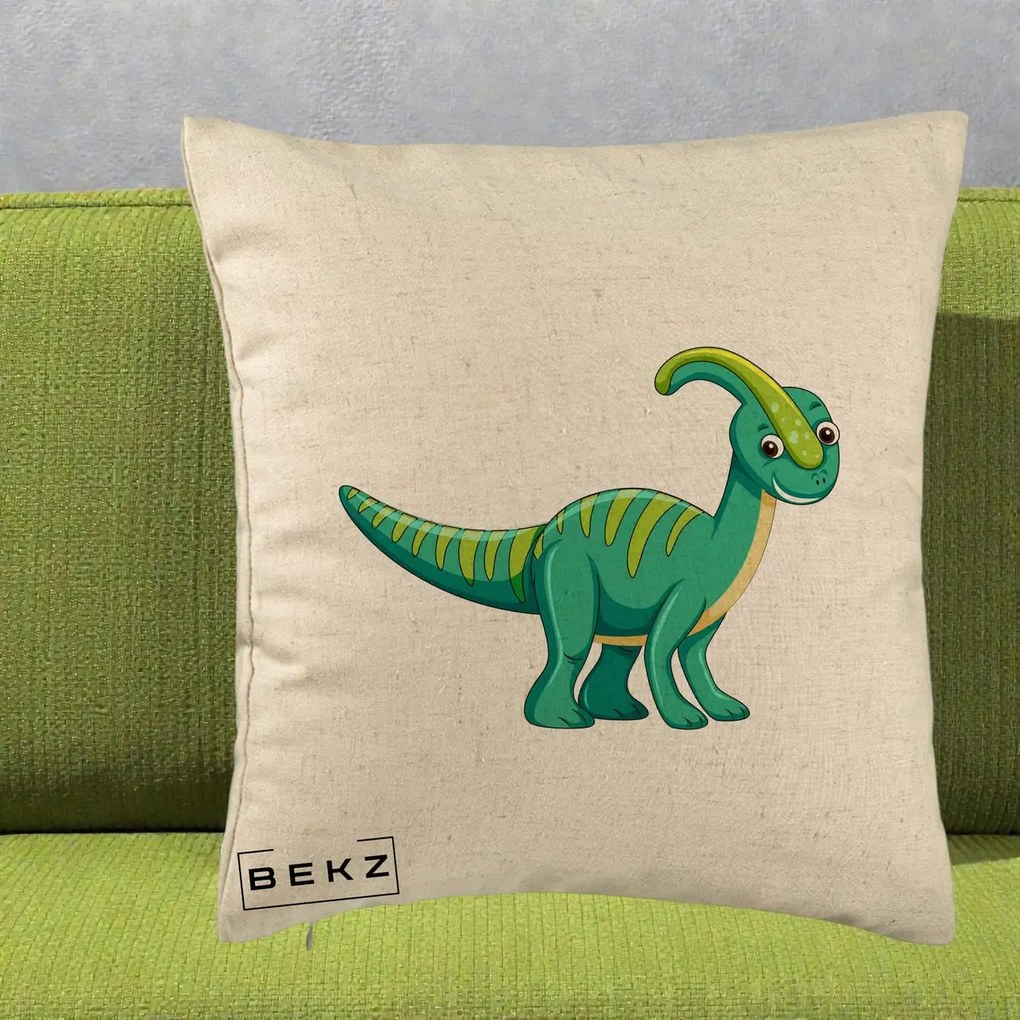 Perna Decorativa Parasaur Verde, 40x40 cm, Bej, Husa Detasabila, Perna Inclusa, BEKZ®