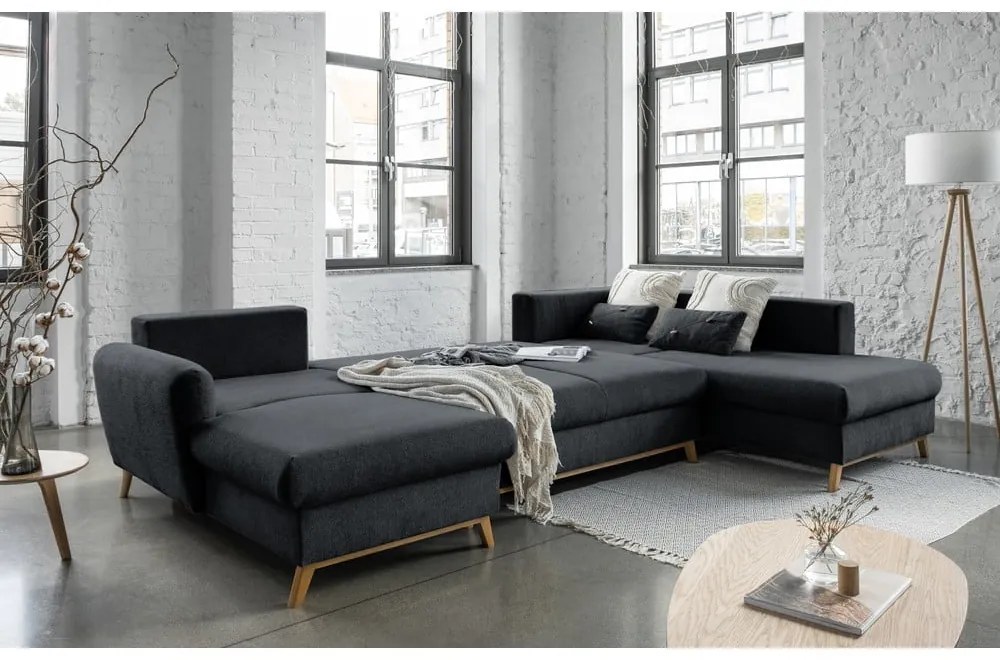 Canapea extensibilă în formă de "U" cu șezlong pe partea dreaptă Miuform Scandic Lagom, gri închis