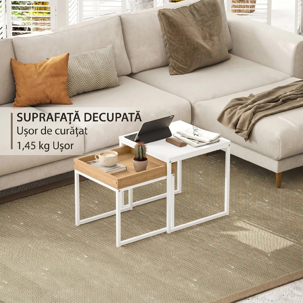 HOMCOM Set de Măsuțe de Cafea Impilabile Moderne cu Tavă, 45x45x45 cm, Alb și Stejar | Aosom Romania