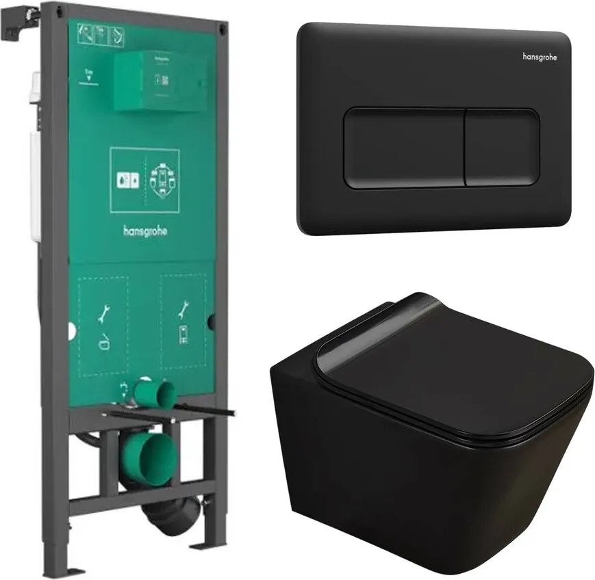 Set rezervor WC cu cadru incastrat Hansgrohe iFrame 112 cm si clapeta de actionare iFrame Original Q negru mat plus vas WC Rune Jord cu capac softclose
