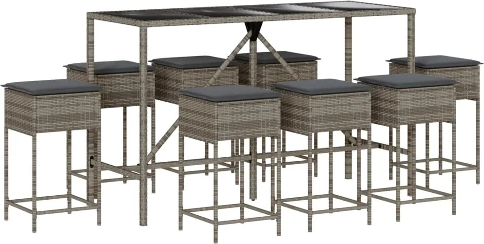 vidaXL Set mobilier bar de grădină, cu perne, 9 piese, gri, poliratan