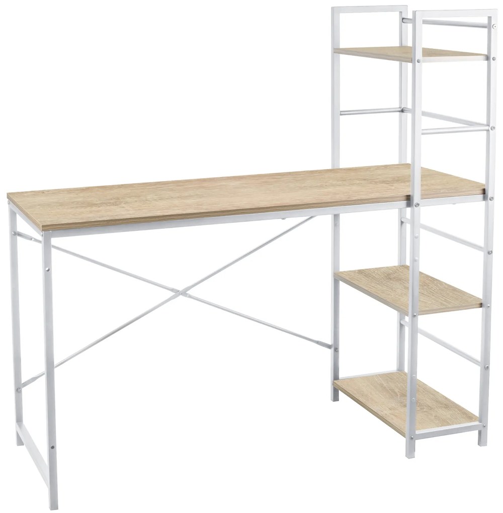Birou calculator, Jumi, pal melaminat, otel, 3 rafturi, natur si alb, 120x52x120 cm