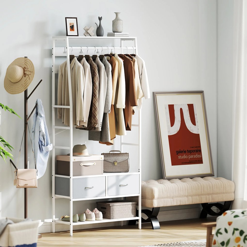 HOMCOM Cuier pentru pantofi cu spațiu pentru pantofi, cârlige, sertare, bară și raft pentru intrare, hol, living 80x30x180,5 cm Alb | Aosom Romania