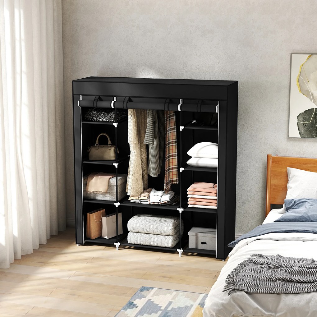 HOMCOM Dulap de depozitare penderie din material textil pliabil cu bara de suspendare si rafturi, 150 x 43 x 162,5 cm, negru | Aosom Romania