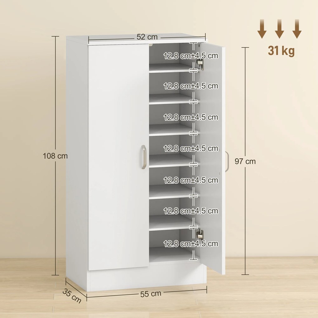 HOMCOM Raft de pantofi cu balamale Soft-Close, rafturi reglabile, dulap de 6 nivele pentru hol, intrare, pentru 14 perechi, 55 x 35 x 108 cm, placaj, Alb | Aosom Romania