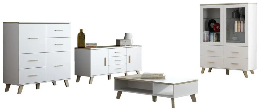Camera de zi Charlotte G112 Sonoma stejar, Alb, Piese individuale, Cu comodă tv, Cu componente suplimentare, Sticlă călită, PAL laminat, 234 kg
