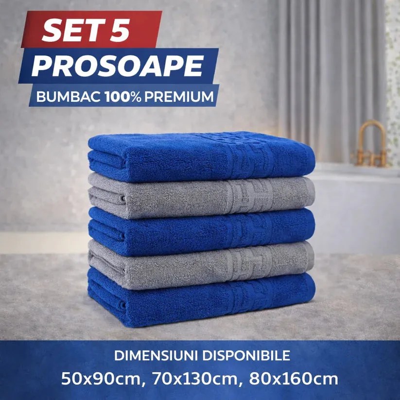 Set 5 Prosoape Baie 550g/m² Premium, 100% Bumbac, Absorbante și Pufoase