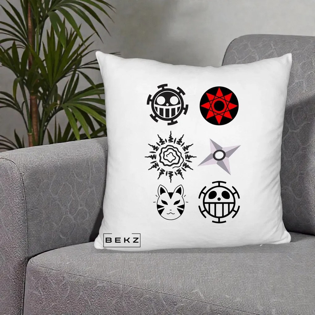 Perna Personalizata Simboluri Anime Mix - Naruto One Piece, 40x40 cm, Alb Pufos, Husa Detasabila, Perna Inclusa, BEKZ®
