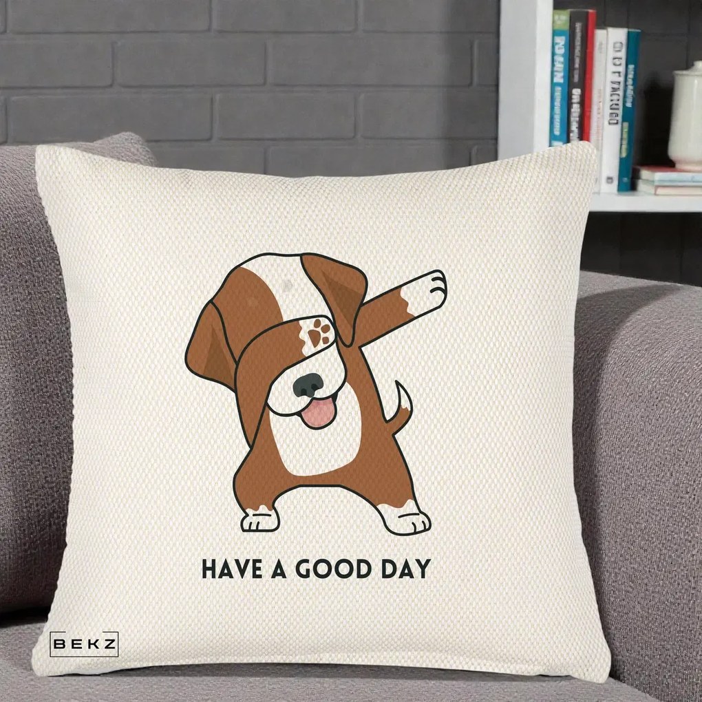 Perna Decorativa Caine Dab Have A Good Day, 40x40 cm, Crem Reliefat, Husa Detasabila, Perna Inclusa, BEKZ®