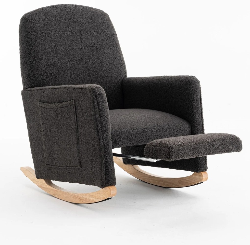 Scaun balansoar cu taburet, fotoliu de relaxare cu spătar înalt, material Teddy, 67x96-127x96 cm, Gri închis