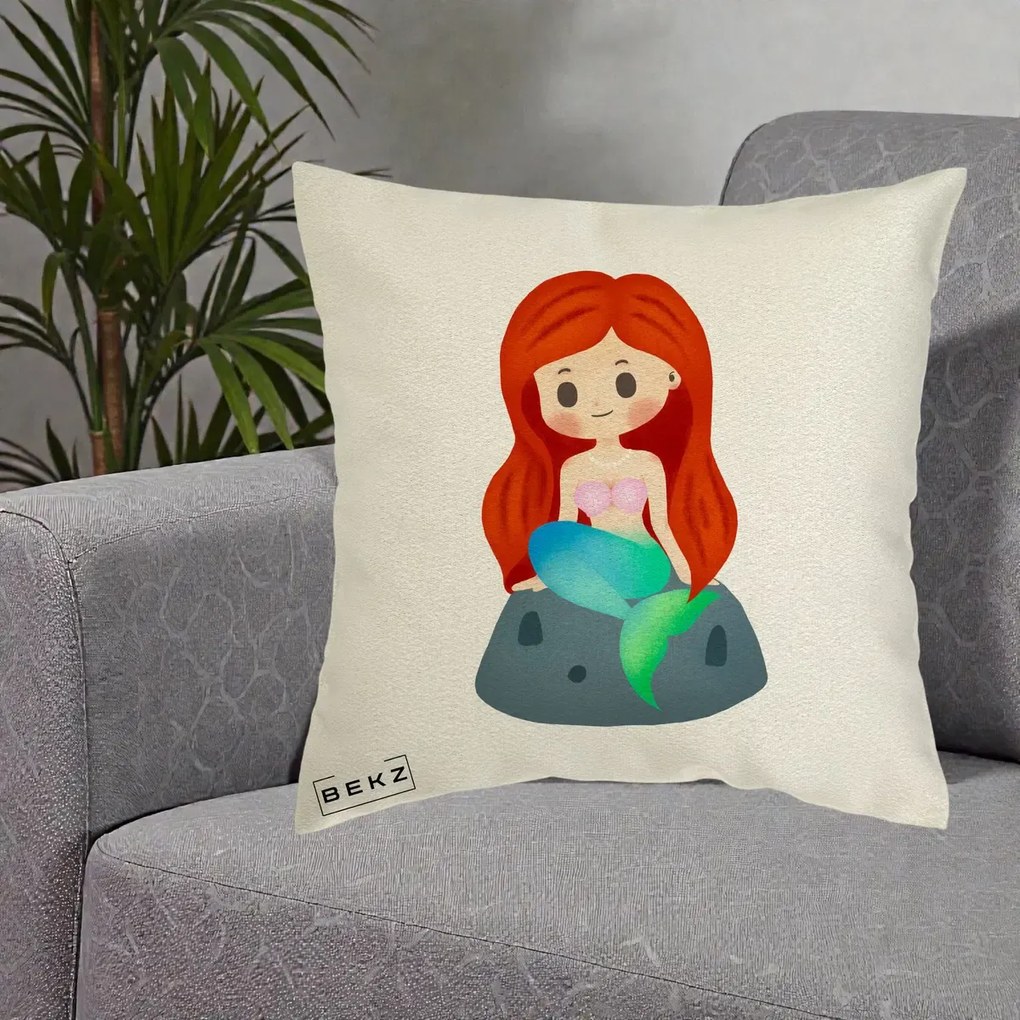Perna Personalizata Sirena Kawaii Roscat, 40x40 cm, Ecru, Husa Detasabila, Perna Inclusa, BEKZ®