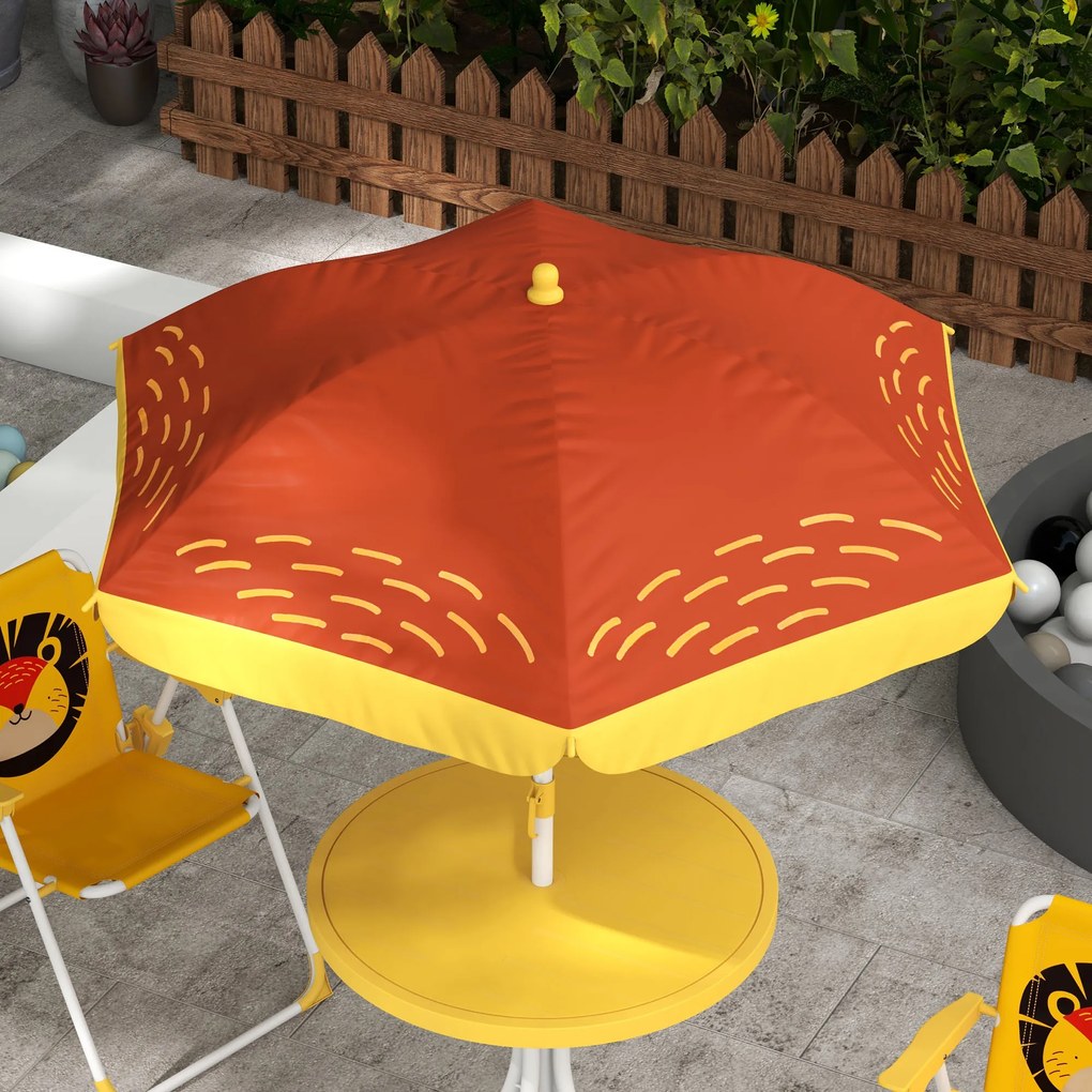 Outsunny Set mobilier de grădină pentru copii 4 piese motiv de leu cu umbrelă reglabilă Ø 100 cm scaun pliabil galben | Aosom Romania