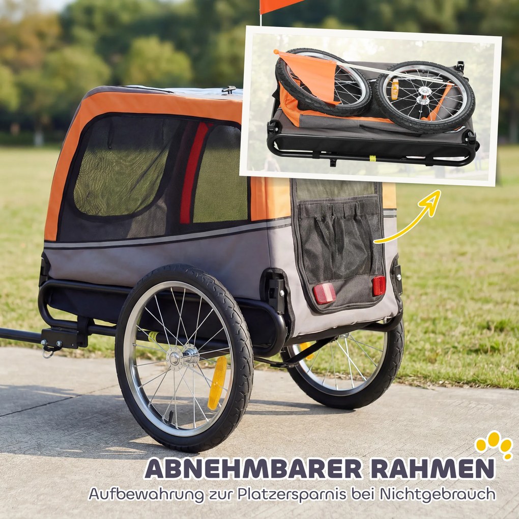 PawHut Remorcă pentru câini pliabilă pentru bicicletă cu reflectoare de siguranță pentru câini mici și medii până la 20 kg Portocaliu | Aosom Romania