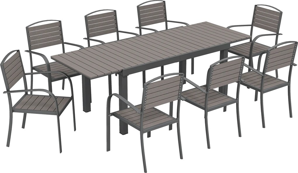 Outsunny Set extensibil pentru luat masa în aer liber 9 piese, masă din aluminiu, 8 scaune, Gri | Aosom Romania