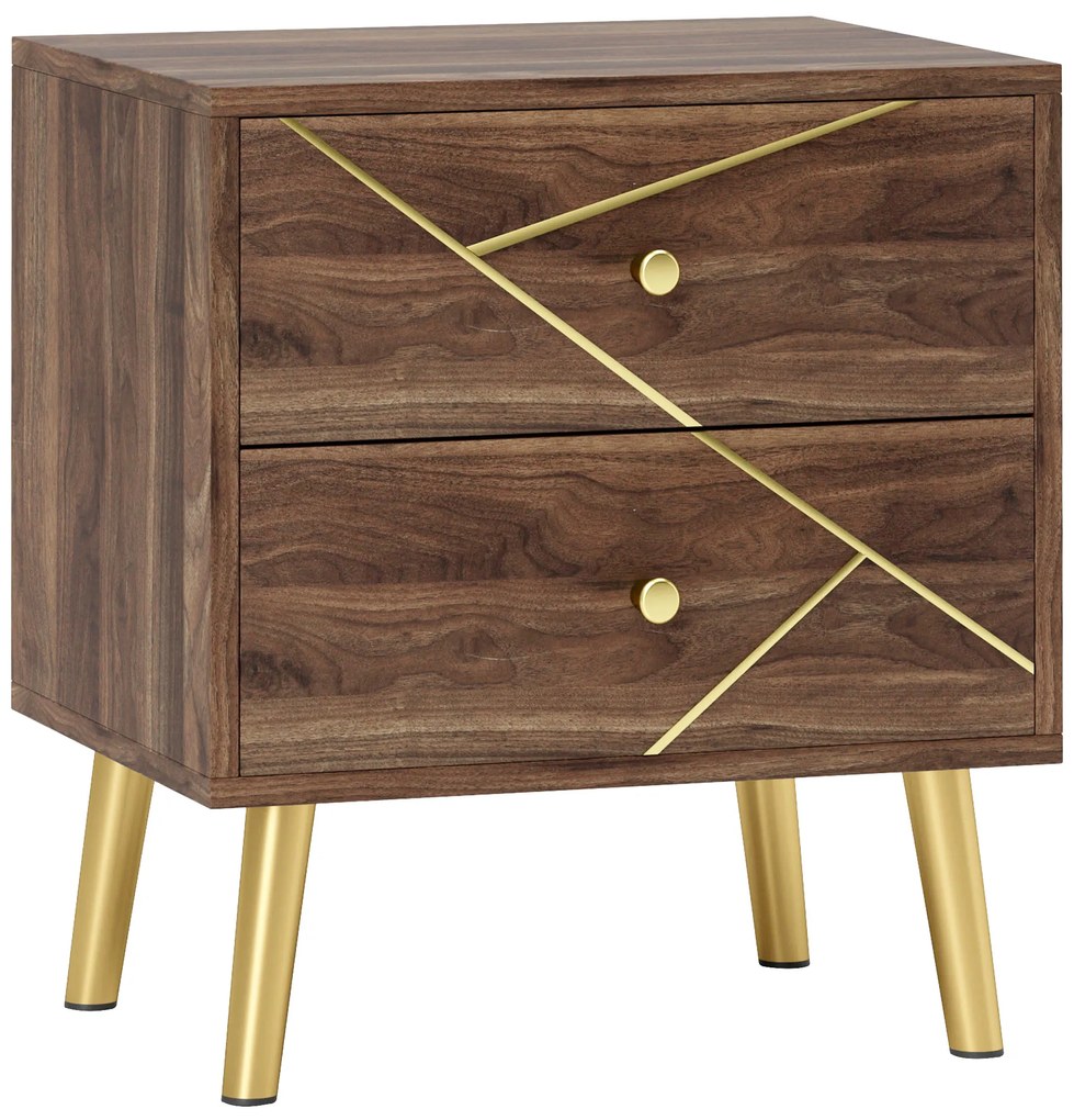 HOMCOM Noptieră masă de noapte cu 2 sertare mânere aurii picioare de oțel 45 x 35 x 50 cm măr brun | Aosom Romania