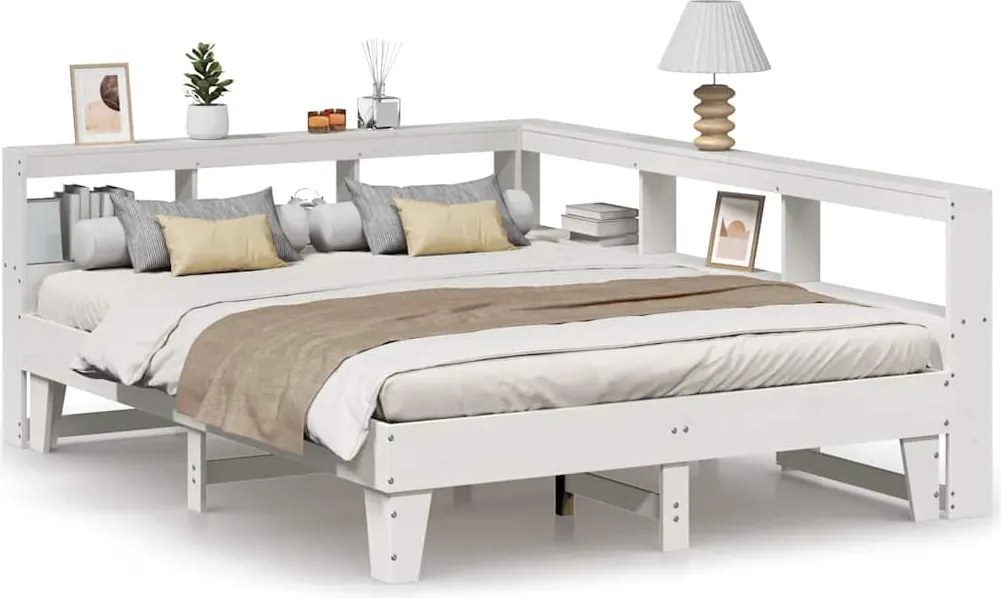 vidaXL Pat cu bibliotecă fără saltea, alb, 150x200 cm, lemn masiv pin