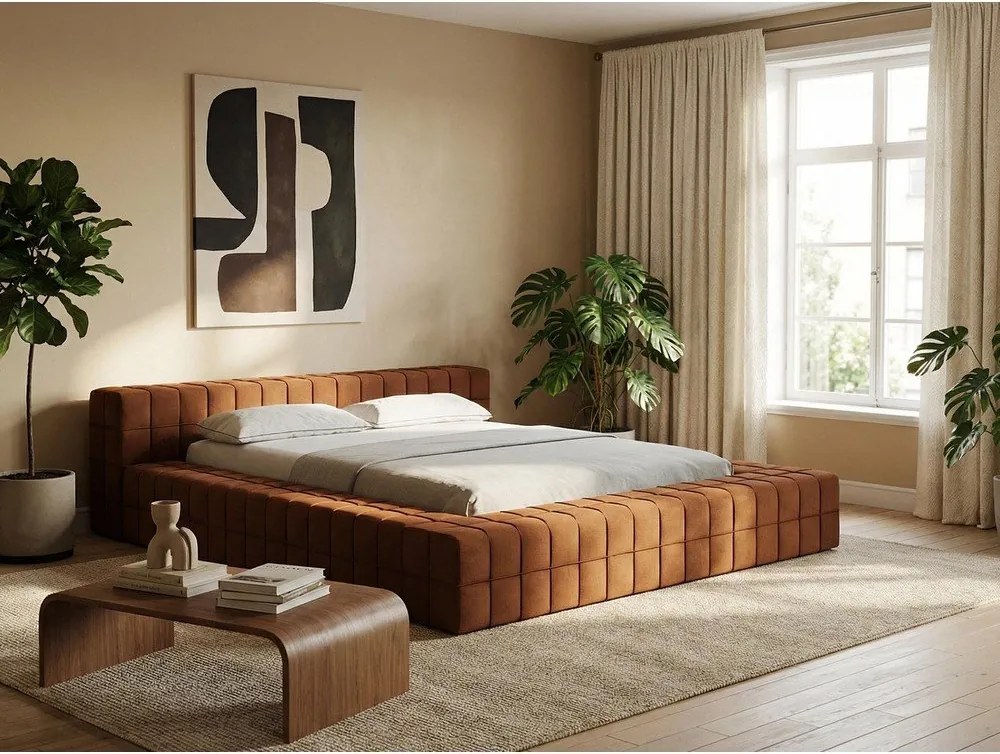 Pat matrimonial mov lavandă tapițat cu somieră 140x200 cm Akela – Makamii