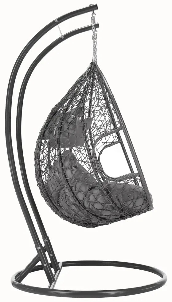 Fotoliu leagan dublu, suspendat, cu perne moi, rezistente la UV, împletitură tip răchită, structură metalică, pentru interior și exterior, Gri
