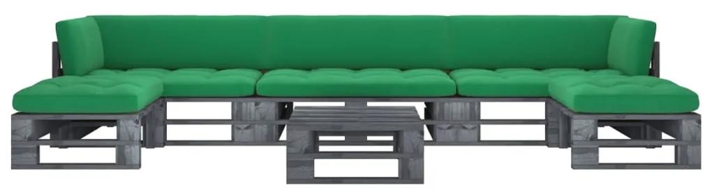 Set mobilier paleti cu perne, 6 piese, lemn pin gri tratat Verde, 2x colt + mijloc + 2x suport pentru picioare + masa, Gri, 1
