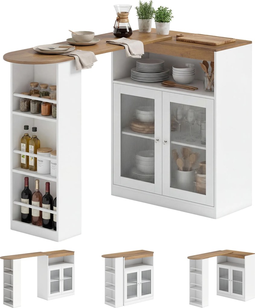 HOMCOM Masă de Bar Extensibilă și Rotativă 360° cu Rafturi Deschise și 2 Uși din Sticlă 150x80x105,5 cm Alb și Lemn Natural | Aosom Romania