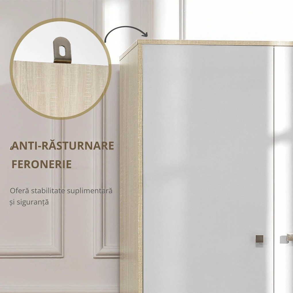 HOMCOM Dulap haine, 2 sertare si cuier, cu 2 usi, cu 4 compartimente, dulap cu sertar rezistent la apa si usor de curatat, alb, 90x50x190cm | Aosom Romania