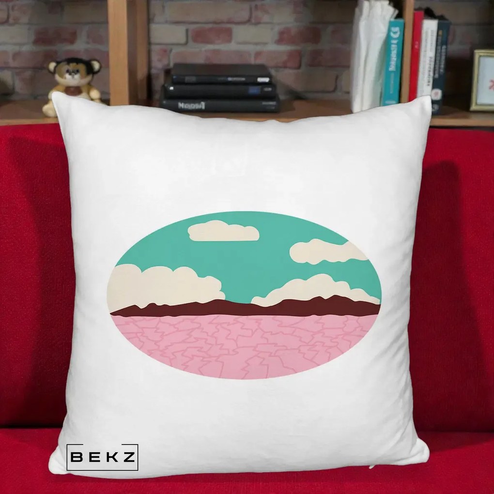 Perna Decorativa Peisaj Desert Oval Pastel, 40x40 cm, Alb Pufos, Husa Detasabila, Perna Inclusa, BEKZ®