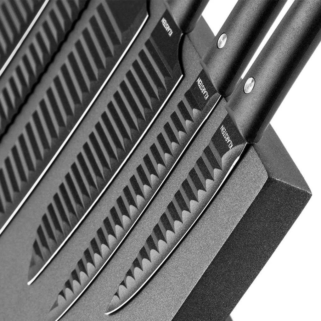 Klarstein KISSAKI SET DE CUTITE FORMAT DIN 7 PIESE, STATIV MAGNETIC, ACOPERIRE NON STICK, LAME ONDULATE, NEGRU