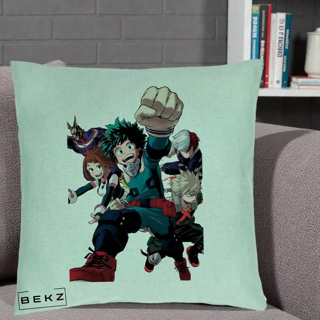 Perna Personalizata My Hero Academia Izuku Deku si Echipa, 40x40 cm, Verde Menta, Husa Detasabila, Perna Inclusa, BEKZ®