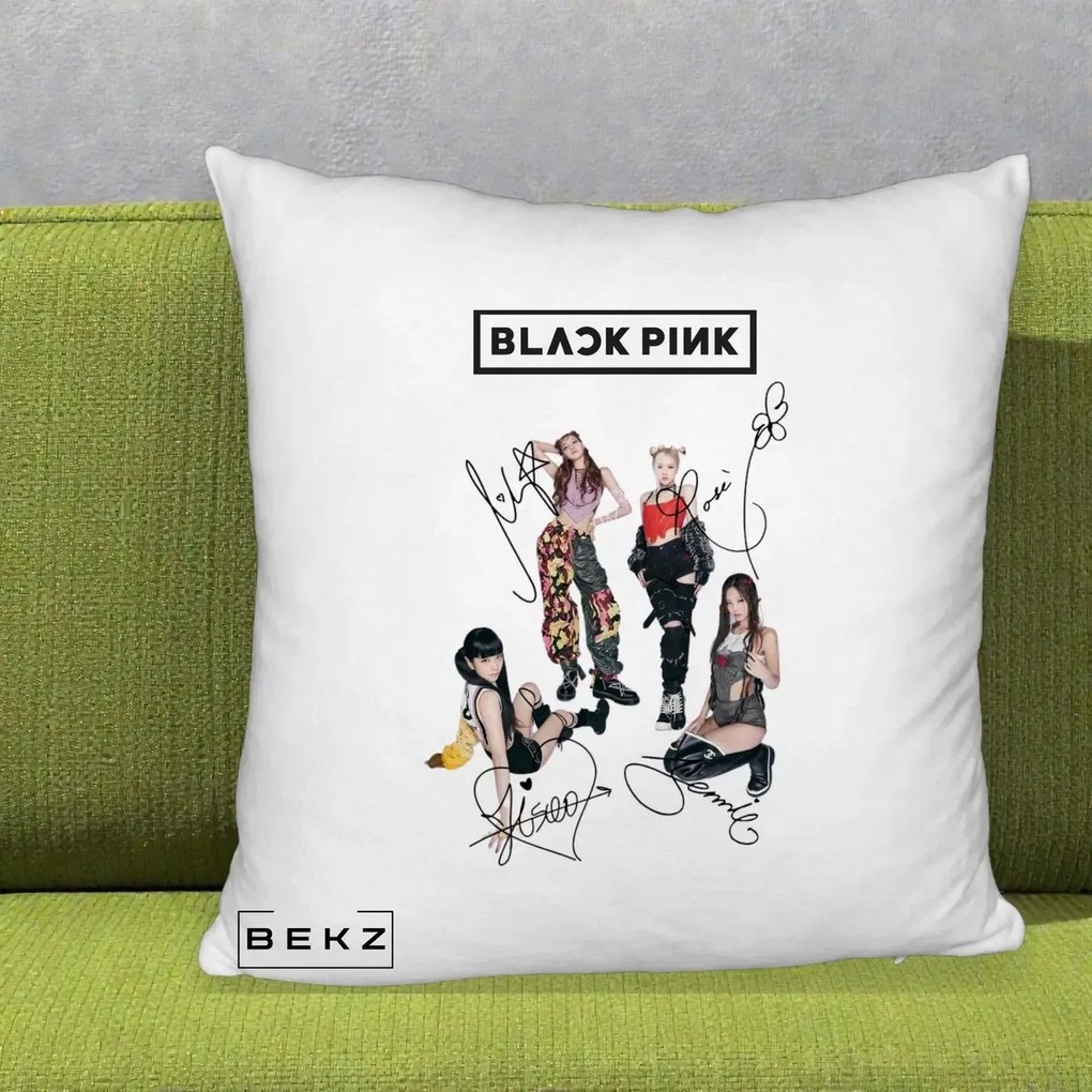 Perna Personalizata K-pop BLACKPINK Fotografie Grup Autografe Toate Membre, 40x40 cm, Alb Pufos, Husa Detasabila, Perna Inclusa, BEKZ®