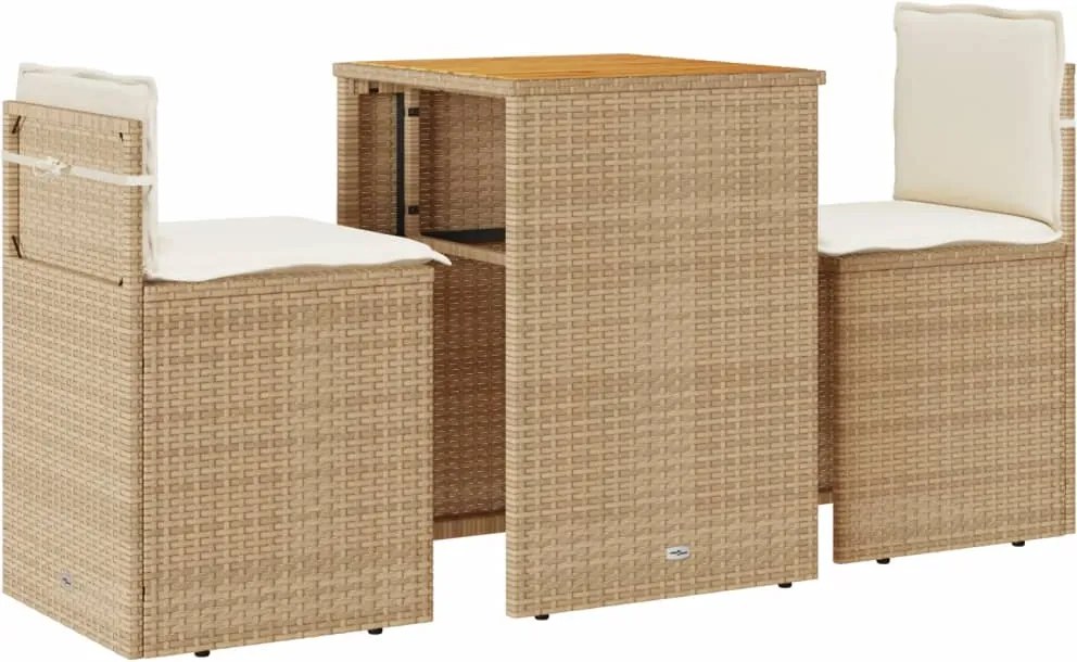 vidaXL Set bistro cu perne, 3 piese, bej, poliratan