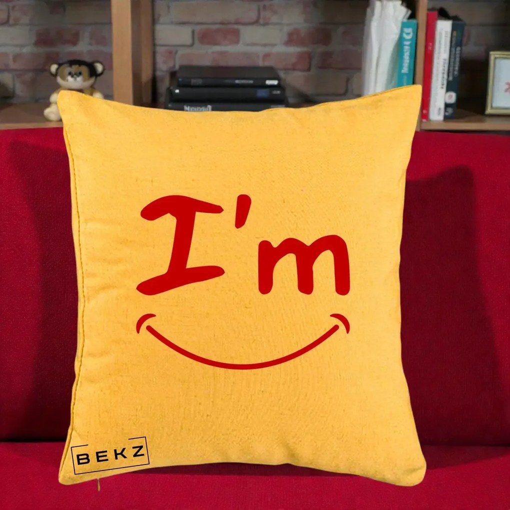Perna Decorativa I'm Happy Smile, 40x40 cm, Galben, Husa Detasabila, Perna Inclusa, BEKZ®
