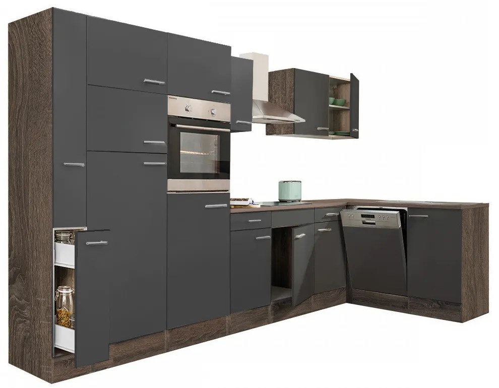 Mobilă de bucătărie de colț Yorki 370, corp din stejar Yorki, cu față antracit satinat