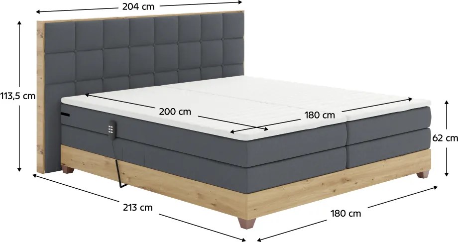 Pat electric reglabil, boxspring, gri închis/stejar artizanal, 180x200, TIANA